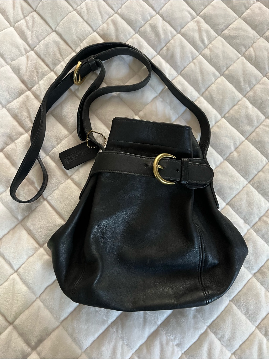 Vintage Coach Black Leather Crossbody With Gold Buckle